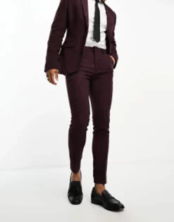 Design Wedding Super Skinny Wool Mix Suit In Burgundy Puppytooth