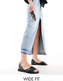 Design Wide Fit Francis Leather Woven Flat Sandals In