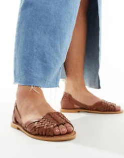 Design Wide Fit Francis Leather Woven Flat Sandals In