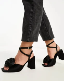 Design Wide Fit Heather Corsage Mid Heeled Sandals In Black