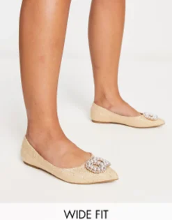 Design Wide Fit Lola Faux Pearl Pointed Ballet Flats In Natural
