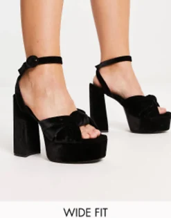 Design Wide Fit Natia Knotted Platform Heeled Sandals In Black