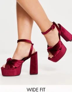 Design Wide Fit Natia Knotted Platform Heeled Sandals In Burgundy