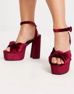 Design Wide Fit Natia Knotted Platform Heeled Sandals In Burgundy