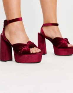 Design Wide Fit Natia Knotted Platform Heeled Sandals In Burgundy
