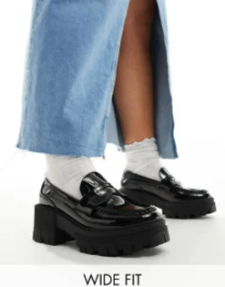 Design Wide Fit Script Chunky Mid Heeled Loafers In
