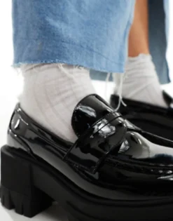 Design Wide Fit Script Chunky Mid Heeled Loafers In