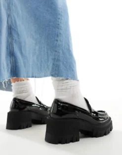 Design Wide Fit Script Chunky Mid Heeled Loafers In