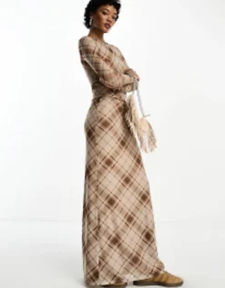 Emory Park Checked Mesh Maxi Column Skirt In Brown