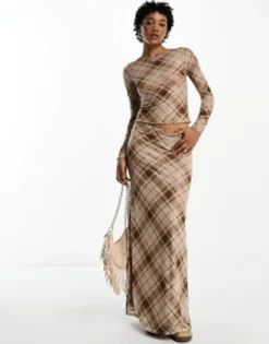 Emory Park Checked Mesh Maxi Column Skirt In Brown