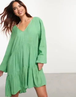 Esmee Exclusive Beach Tiered Smock Mini Summer Dress In Sage