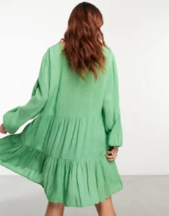 Esmee Exclusive Beach Tiered Smock Mini Summer Dress In Sage