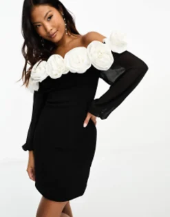 Forever New Petite Rosette Mini Dress With Sheer Sleeves In Monochrome