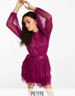 Forever New Petite Tiered Metallic Plisse Mini Dress In