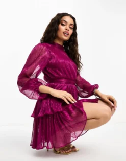 Forever New Petite Tiered Metallic Plisse Mini Dress In