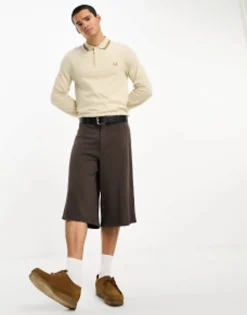 Fred Perry Twin Tipped Long Sleeve Polo Shirt In Oatmeal