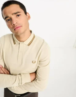 Fred Perry Twin Tipped Long Sleeve Polo Shirt In Oatmeal