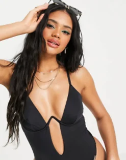 Free Society Monowire Swimsuit With Deep Plunge Cut Out Detail In