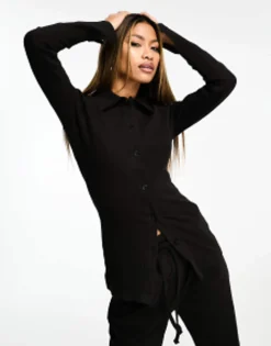 In The Style Ribbed Button Through Shirt And Wide Leg Trouser Co-Ord In Black