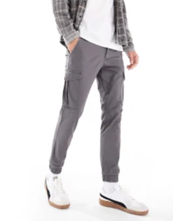 Jack & Jones Intelligence Slim Fit Cargo Trousers In Dark Grey