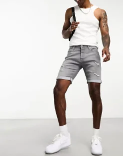 Jack & Jones Intelligence Denim Shorts In Slim Fit With Rips In Grey