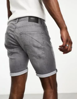 Jack & Jones Intelligence Denim Shorts In Slim Fit With Rips In Grey