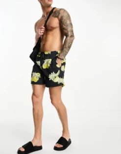 Jack & Jones Intelligence Swim Shorts In Lemon Print