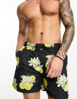 Jack & Jones Intelligence Swim Shorts In Lemon Print