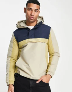 Jack & Jones Originals Overhead Colourblock Windbreaker In Beige & Grey
