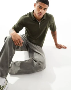 Jack & Jones Premium Half Zip Polo In Khaki