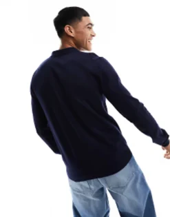 Jack & Jones Premium Knitted Long Sleeve Polo In Navy