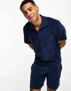 Jack & Jones Premium Towelling Polo In Navy Co-Ord