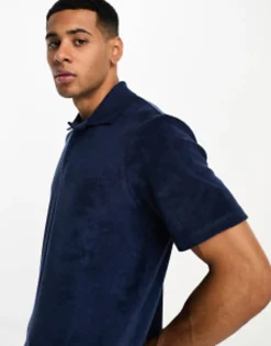Jack & Jones Premium Towelling Polo In Navy Co-Ord
