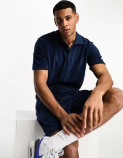 Jack & Jones Premium Towelling Polo In Navy Co-Ord
