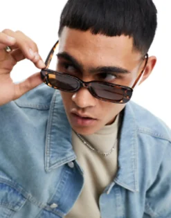 Jack & Jones Retro Rectangle Sunglasses In Leopard Print With Brown Lens