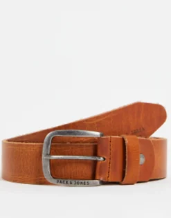 Jack & Jones Smooth Leather Belt With Logo Buckle In Brown