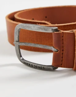 Jack & Jones Smooth Leather Belt With Logo Buckle In Brown