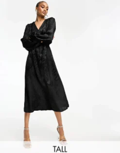 Jdy Tall Puff Sleeve Wrap Jacquard Midi Dress In Zebra
