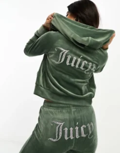 Juicy Couture Velour Straight Leg Joggers And Hoodie Co-Ord In Dark Green