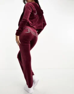 Juicy Couture Velour Straight Leg Joggers And Hoodie Co-Ord In Burgundy