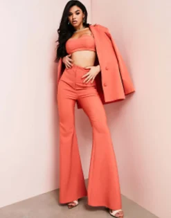 Luxe Co-Ord Suit Jacket And Flared Trousers In Cinnamon