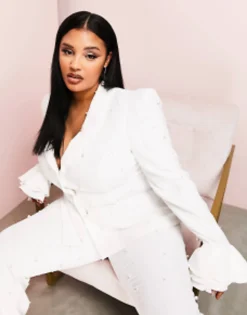 Luxe Curve Wedding Suit Pearl Blazer And Flare Trouser In White