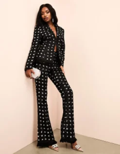 Luxe Embellished Boucle Blazer And Trouser With Faux Feather Hem Black & Si