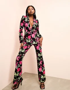 Luxe Suit Blazer And Trouser In Black Floral Print