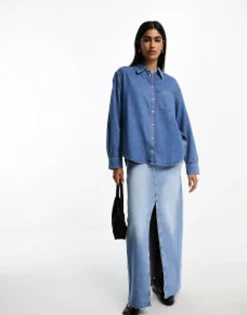 Mango Denim Collared Long Sleeve Shirt In