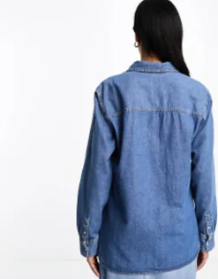 Mango Denim Collared Long Sleeve Shirt In