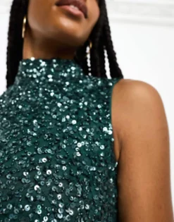 Maya Tall Bridesmaid High Neck Delicate Sequin Midi Dress In Emerald
