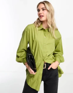 Miss Selfridge Oversized Poplin Shirt In Green