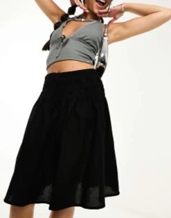 Motel Shirred Waist Y2K Cotton Midi Skirt In