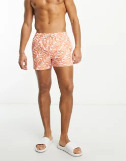 New Look Wave Print Swim Shorts In Orange